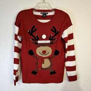 Ugly Christmas Sweater Red Long Sleeve Knit‎ Embellished Reindeer Bells Size M